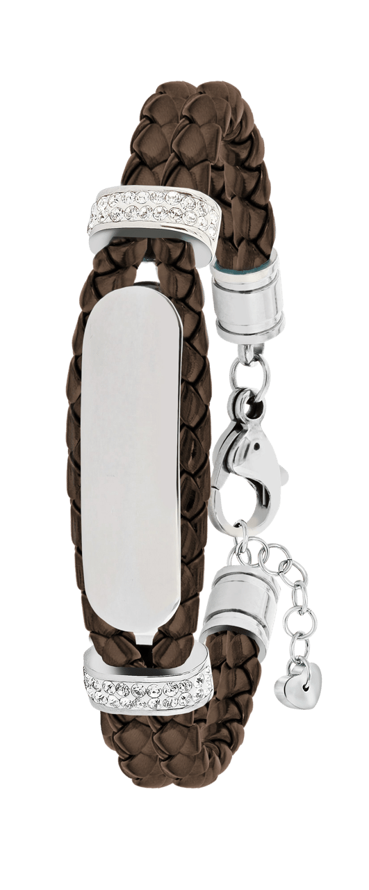 Gerecycleerd stainless steel kinderplaatarmband leer cacao met kristal