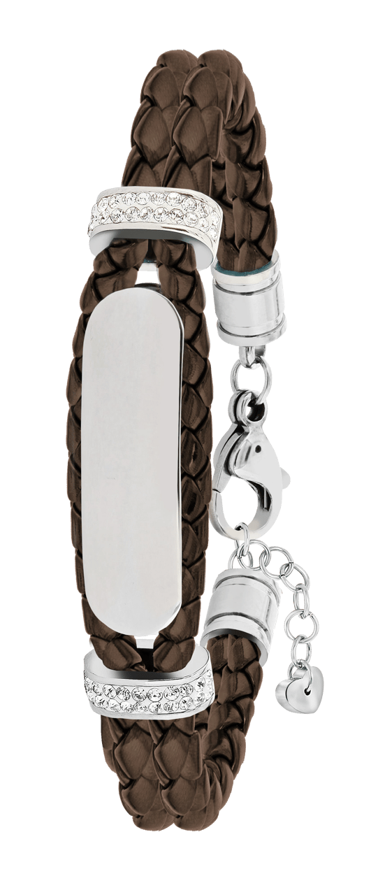 Gerecycleerd stainless steel plaatarmband leer cacao met kristal