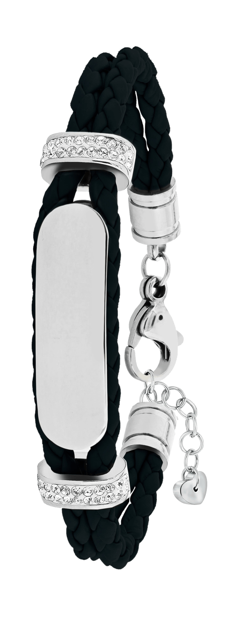 Gerecycleerd stainless steel plaatarmband leer zwart met kristal