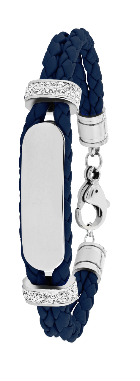 Gerecycleerd stainless steel plaatarmband leer dark blue met kristal