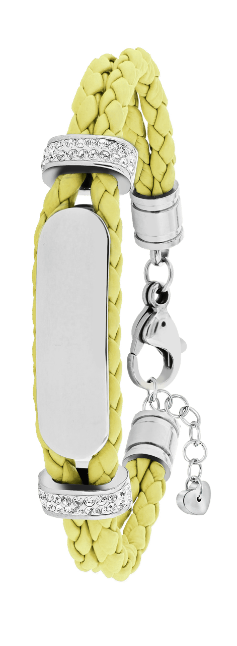 Gerecycleerd stainless steel plaatarmband leer licht geel met kristal