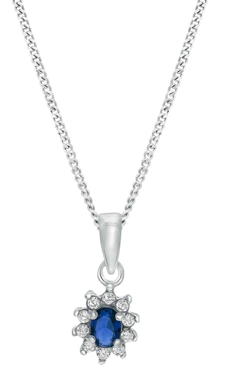 Halskette aus 925er Silber mit saphirblauen Zirkoniasteinen besetztem Anhänger