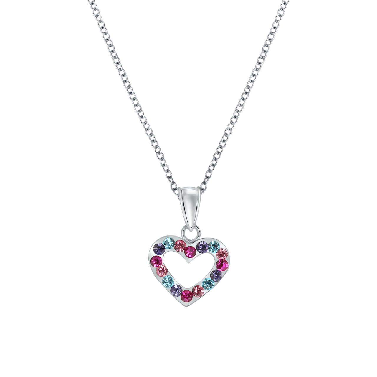 Zilveren kinderketting hart multi mix kristal