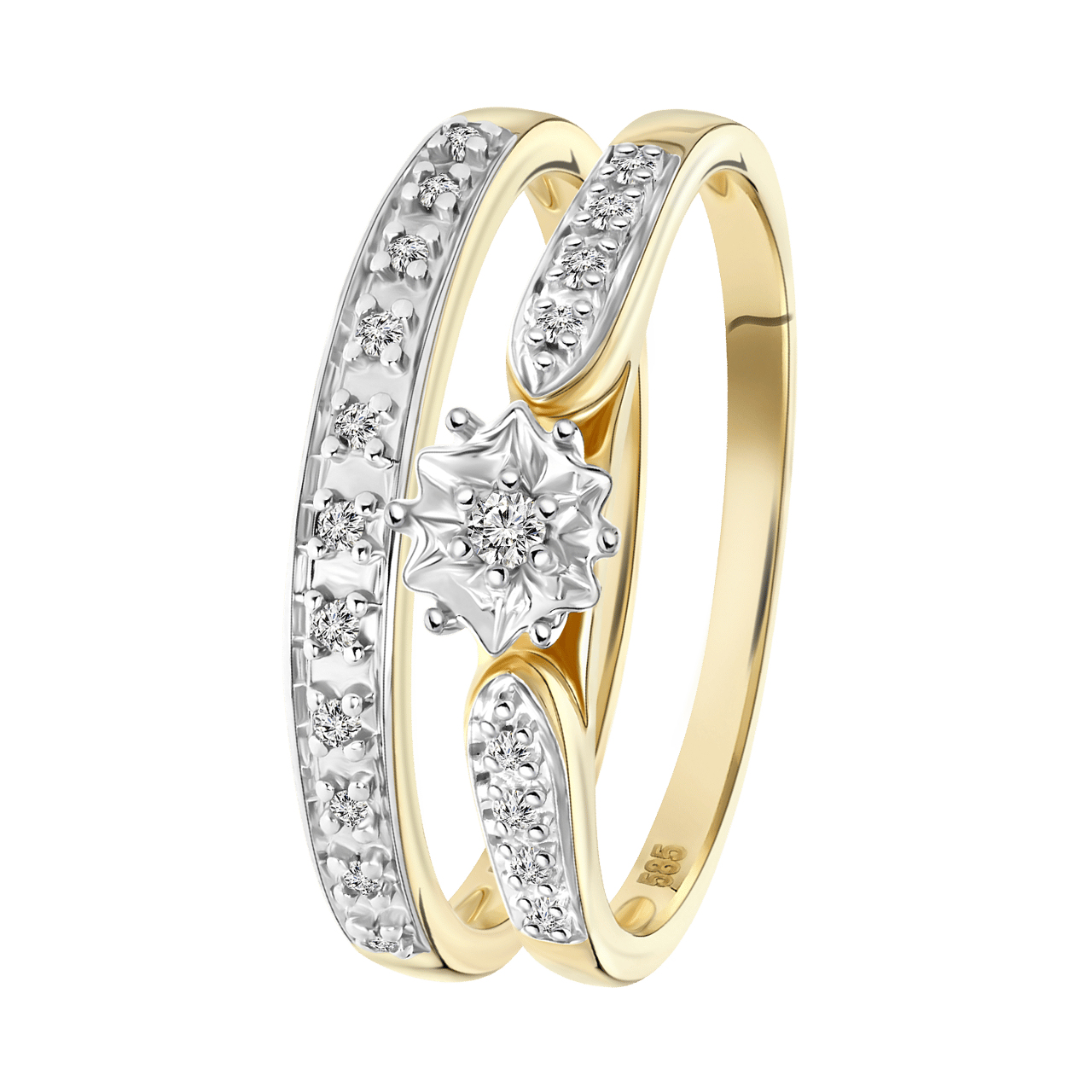 14K geelgouden dubbele ring 20 diamanten 0,10ct
