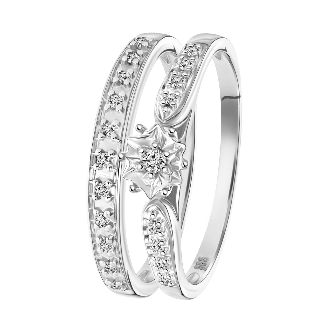14 K witgouden dubbele ring 20 diamanten 0,10ct