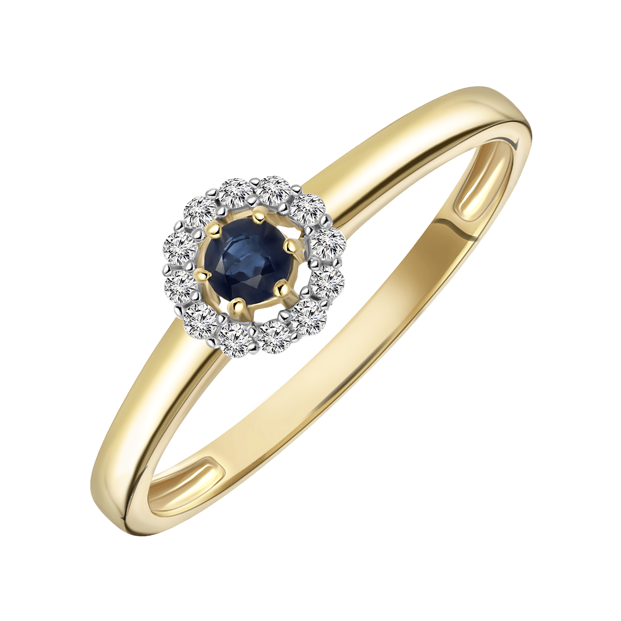 14K geelgouden ring saffier en 12 diamanten 0,08ct