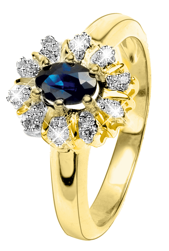 14k Geelgouden ring 10 diamanten 0,05ct en saffier