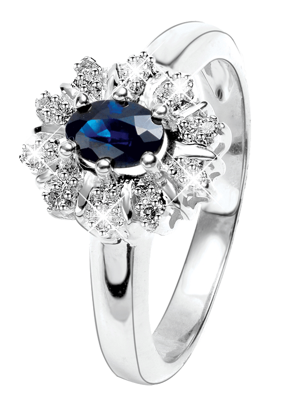 14K witgouden ring 10 diamanten 0,05ct en saffier