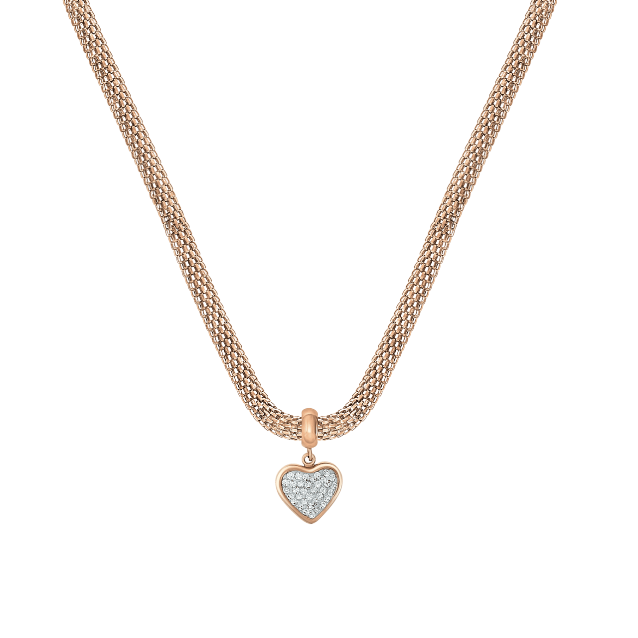 Gerecycleerd stainless steel roseplated mesh ketting met kristal hart