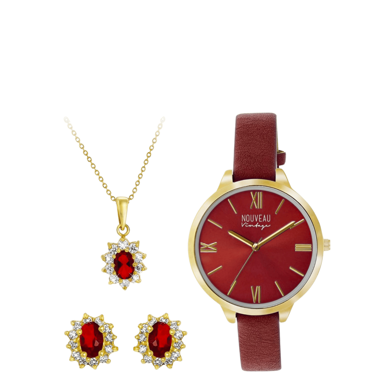 Silverplated Cadeauset met Horloge Analoog Rood HSET NV-RUBY-SET met zirkonia voor dames
