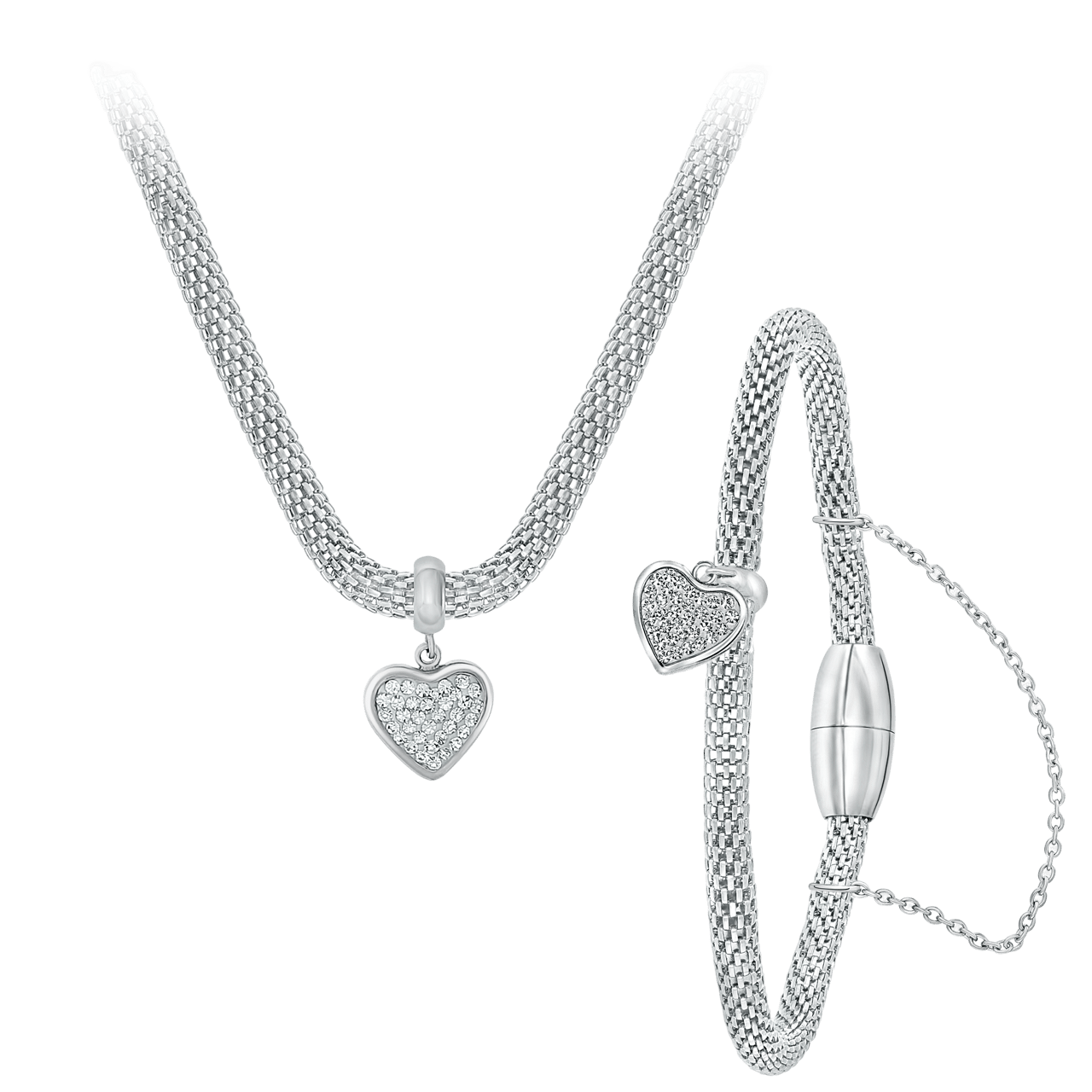 Gerecycleerd stalen ketting & armband hart kristal