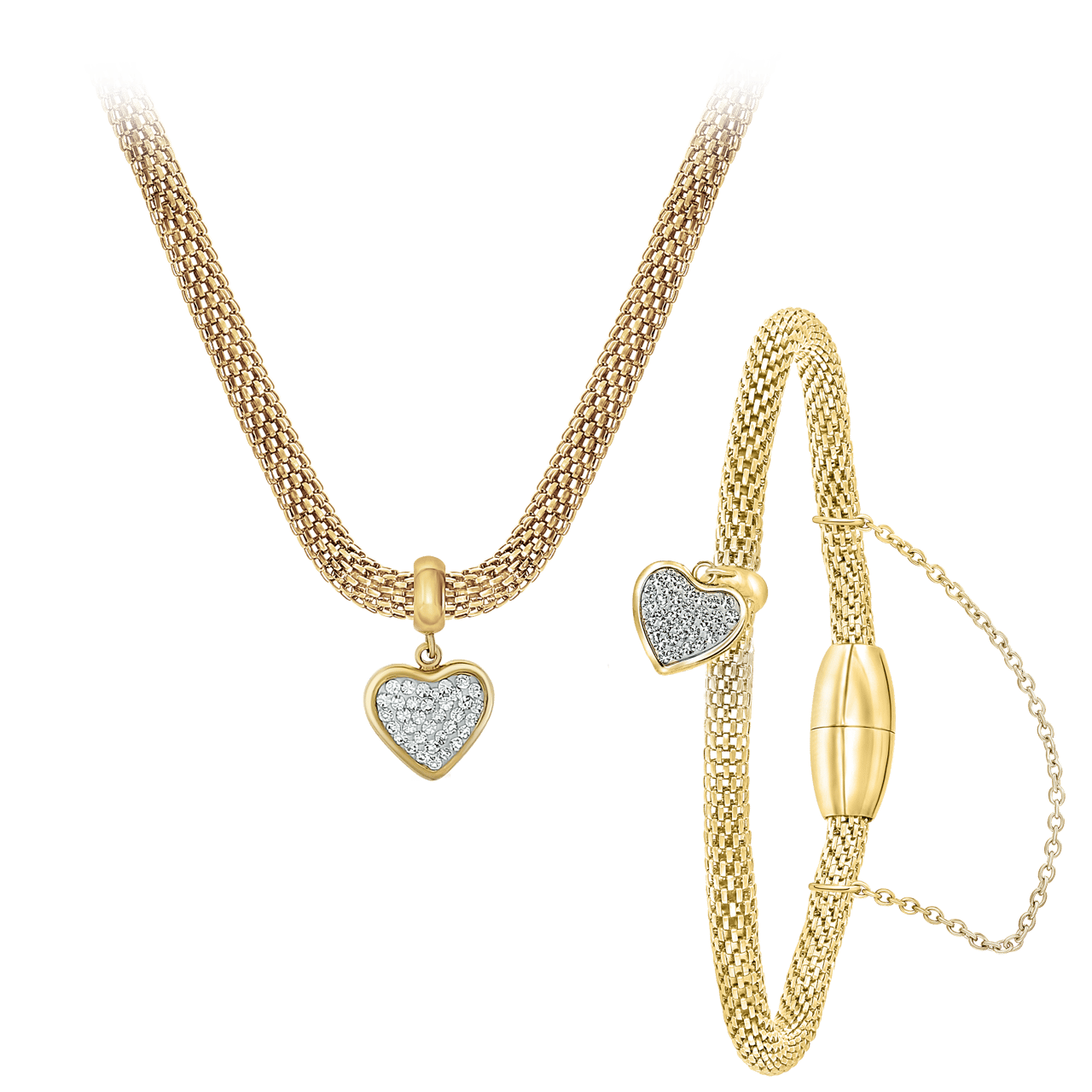 Gerecycleerd stainless steel goldplated ketting & armband hart kristal
