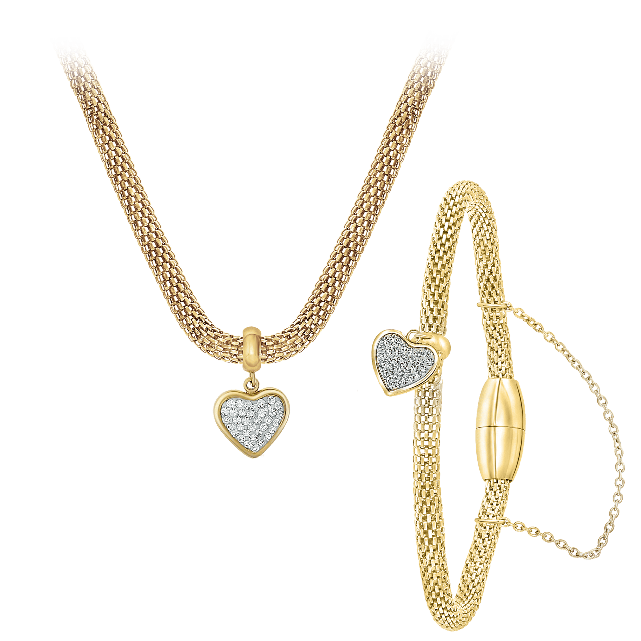 Gerecycleerd stalen goldplated ketting & armband hart kristal