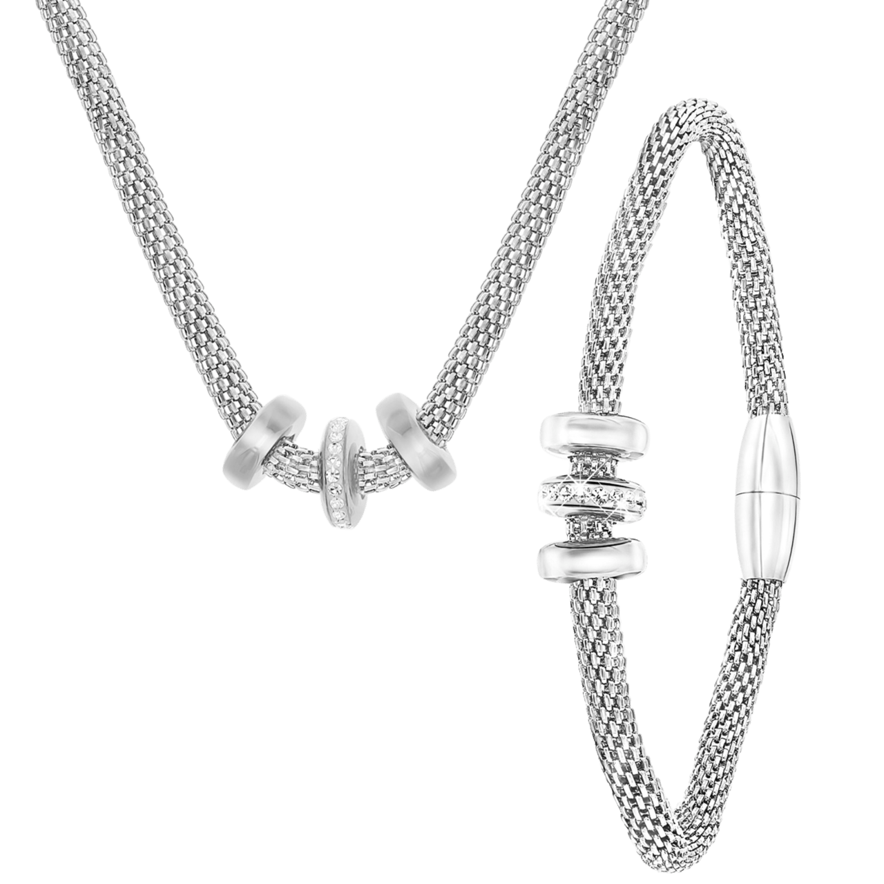 Gerecycleerd stalen ketting & armband 3ringen kristal