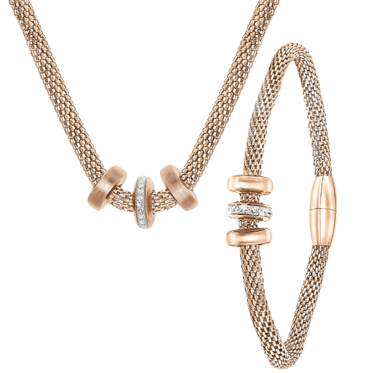Gerecycleerd stainless steel roseplated ketting&armband 3ringen kristal
