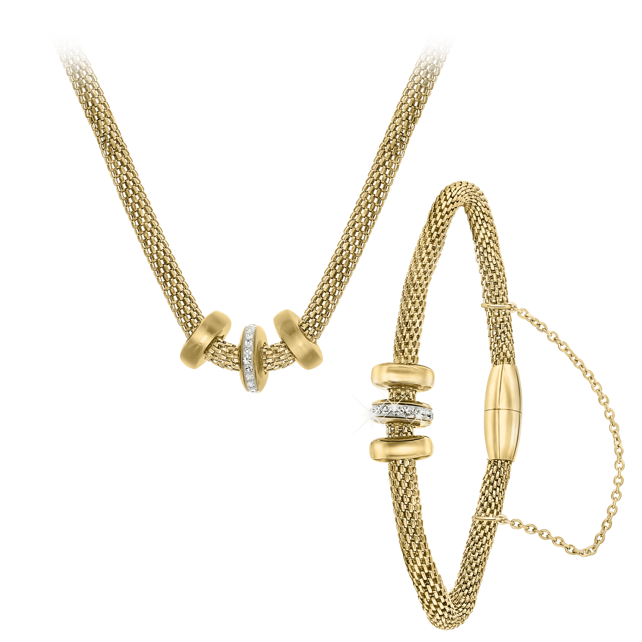 Gerecycleerd stainless steel goldplated ketting&armband 3ringen kristal