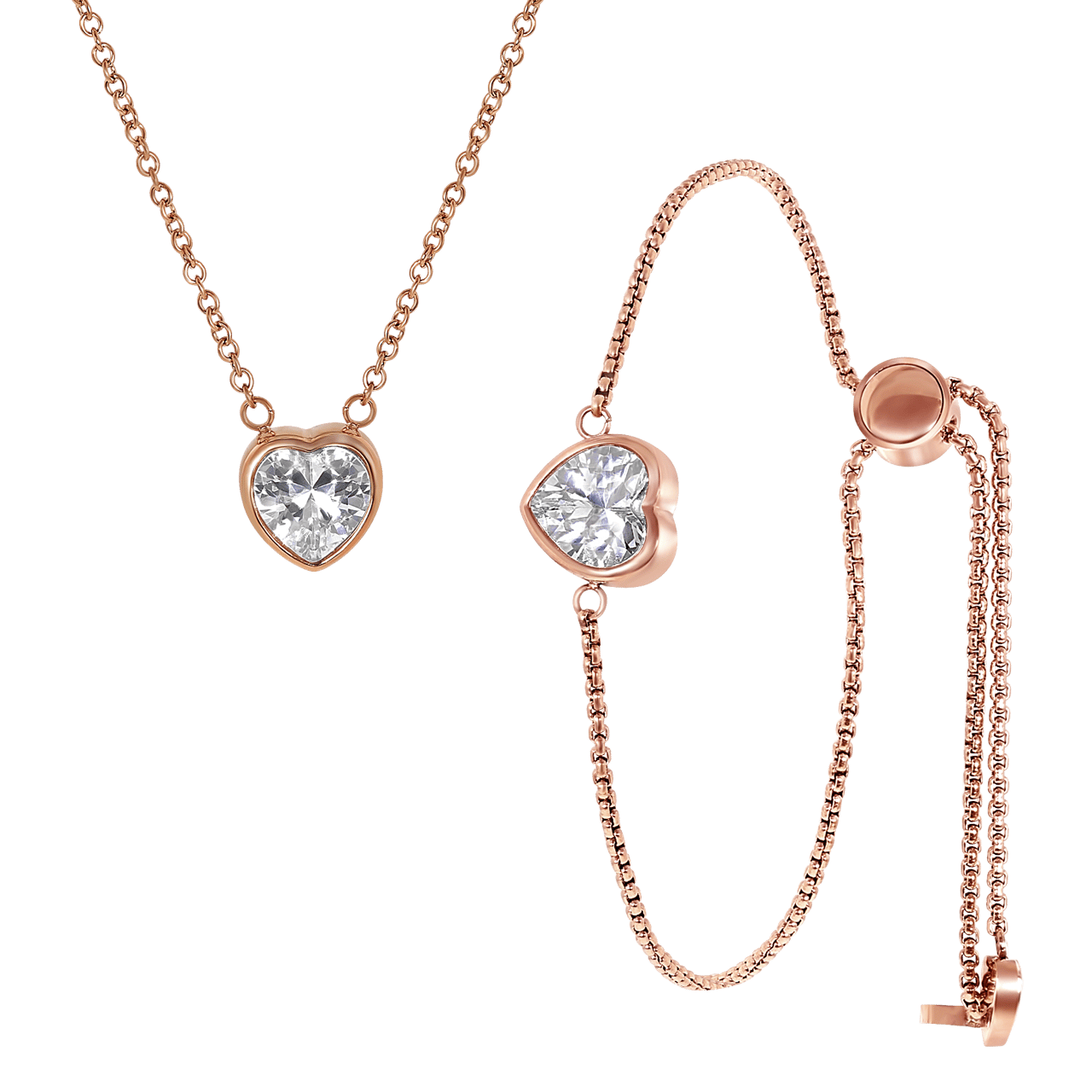 Gerecycleerd stainless steel set roseplated hart met zirkonia