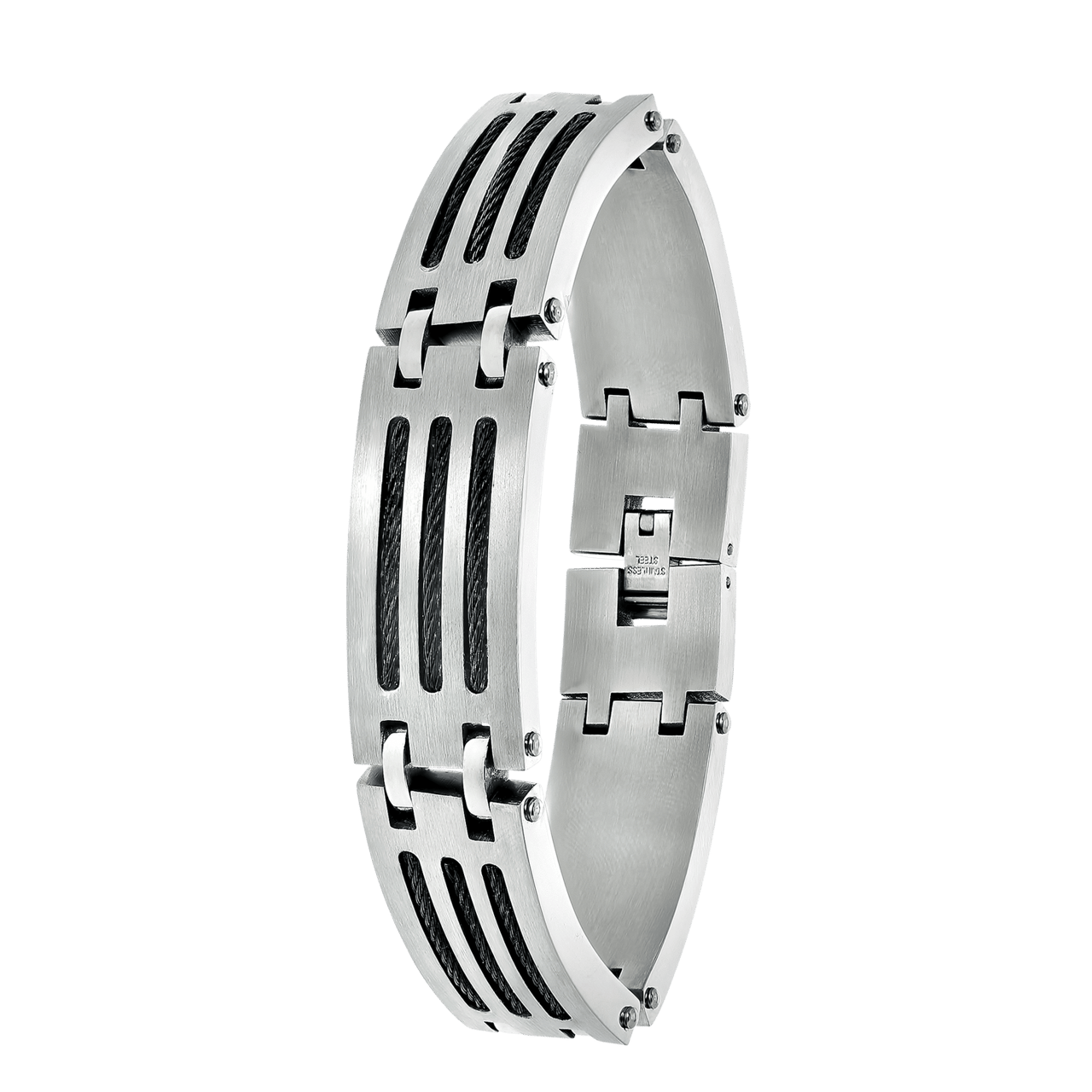 Gerecycled stainless steel armband met zwarte kabels