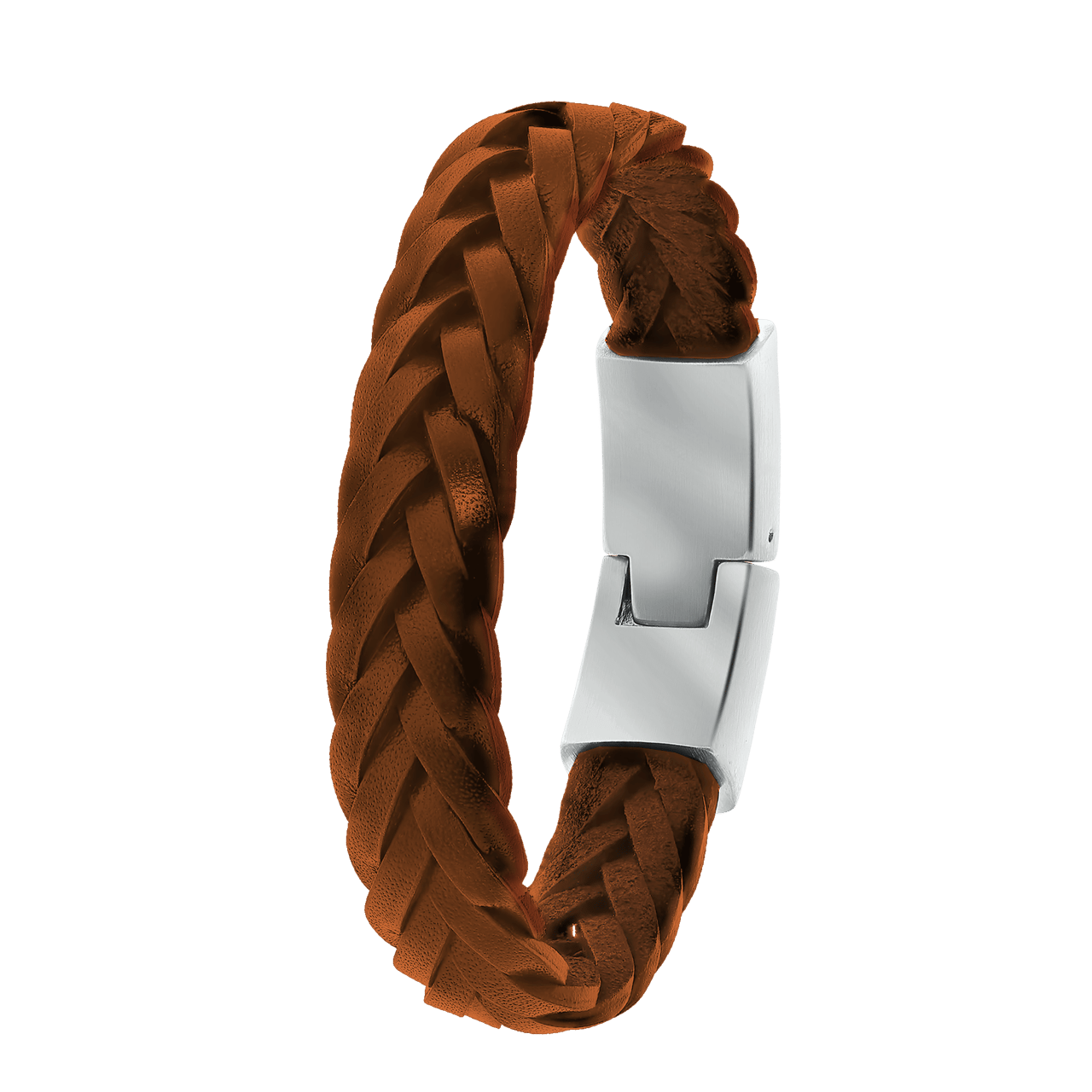 Edelstahl-Herrenarmband mit geflochtenem Leder in Cognac