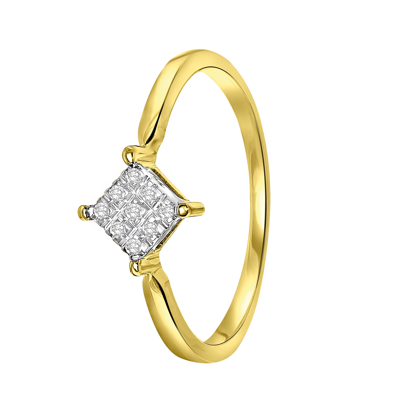 14 Karaat geelgouden ring met 9 diamanten 0,04ct