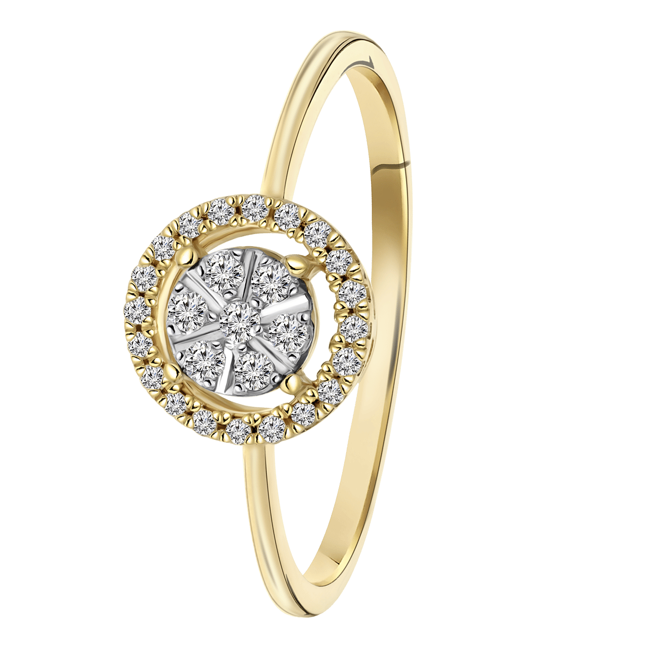14 karaat geelgouden ring entourage 27 diamanten 0,13ct