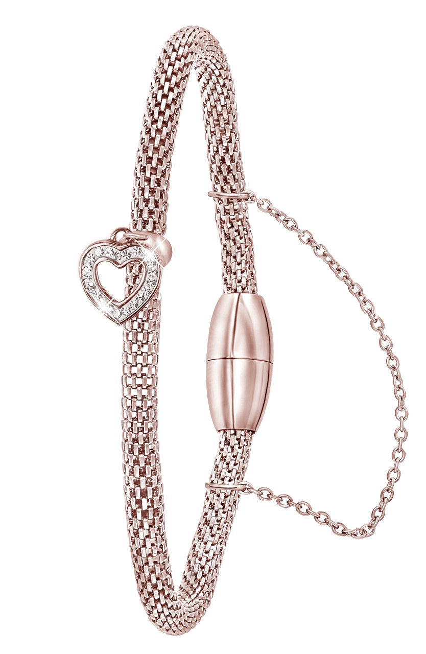 Gerecycleerd stainless steel armband mesh roseplated met hart kristal