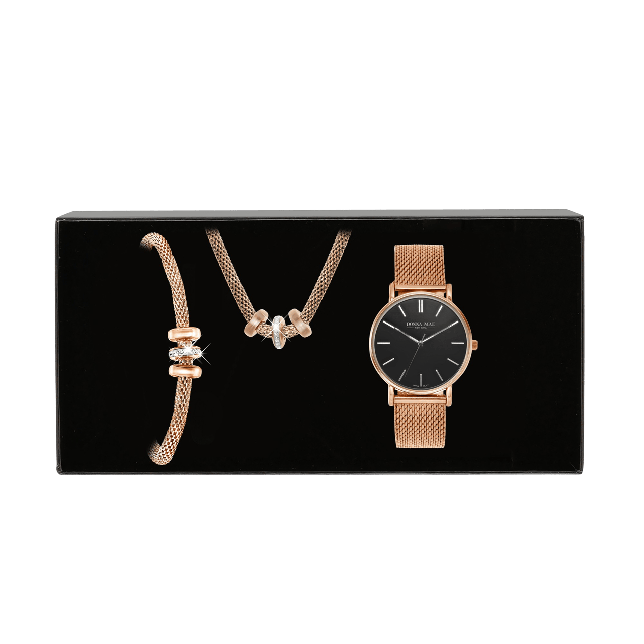 Stainless steel roséplated cadeauset met horloge met zwart kristal voor dames