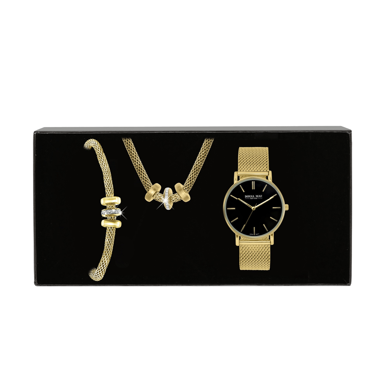Stainless steel goldplated cadeauset met zwart kristal voor dames