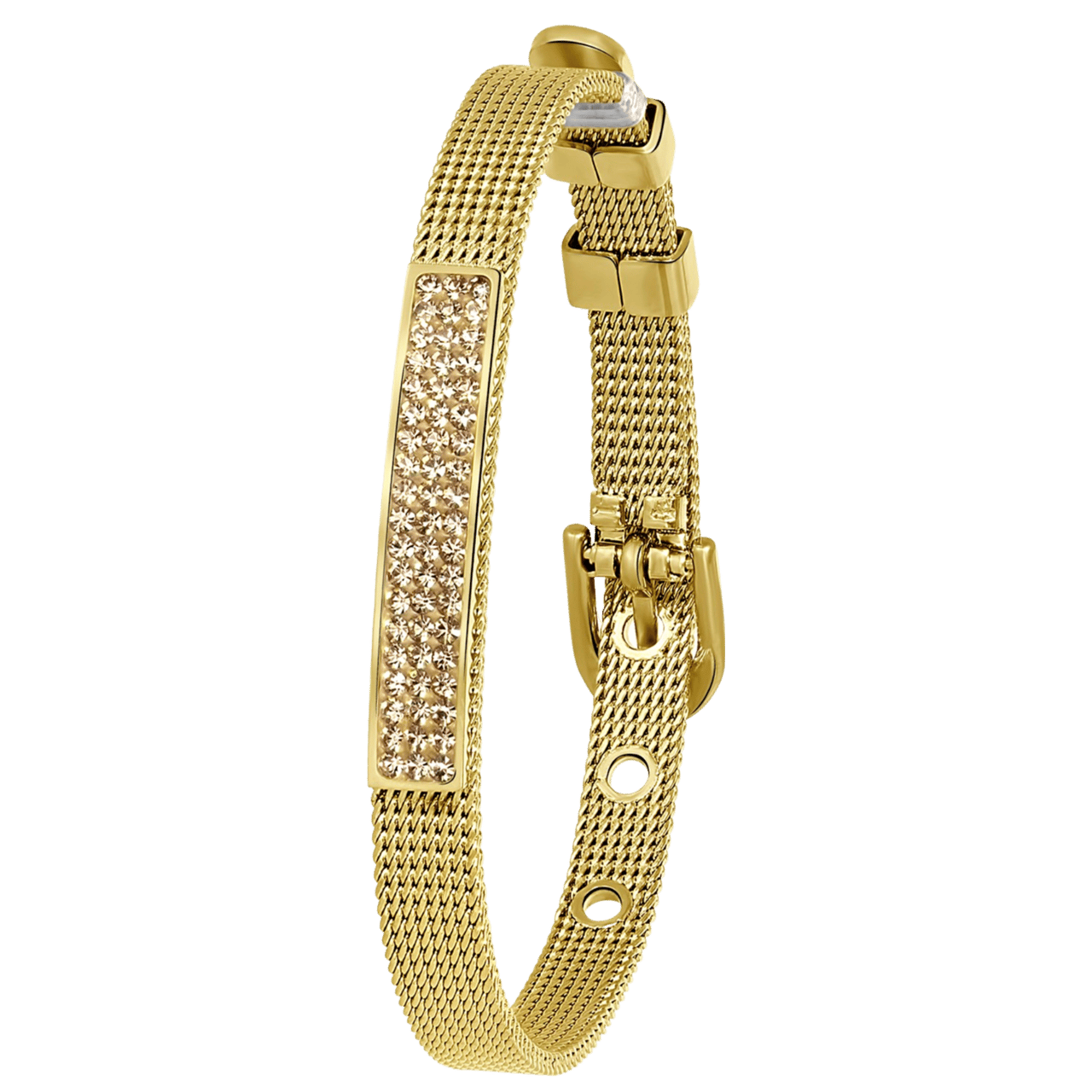 Gerecycleerd stainless steel armband goldplated mesh riem met kristal