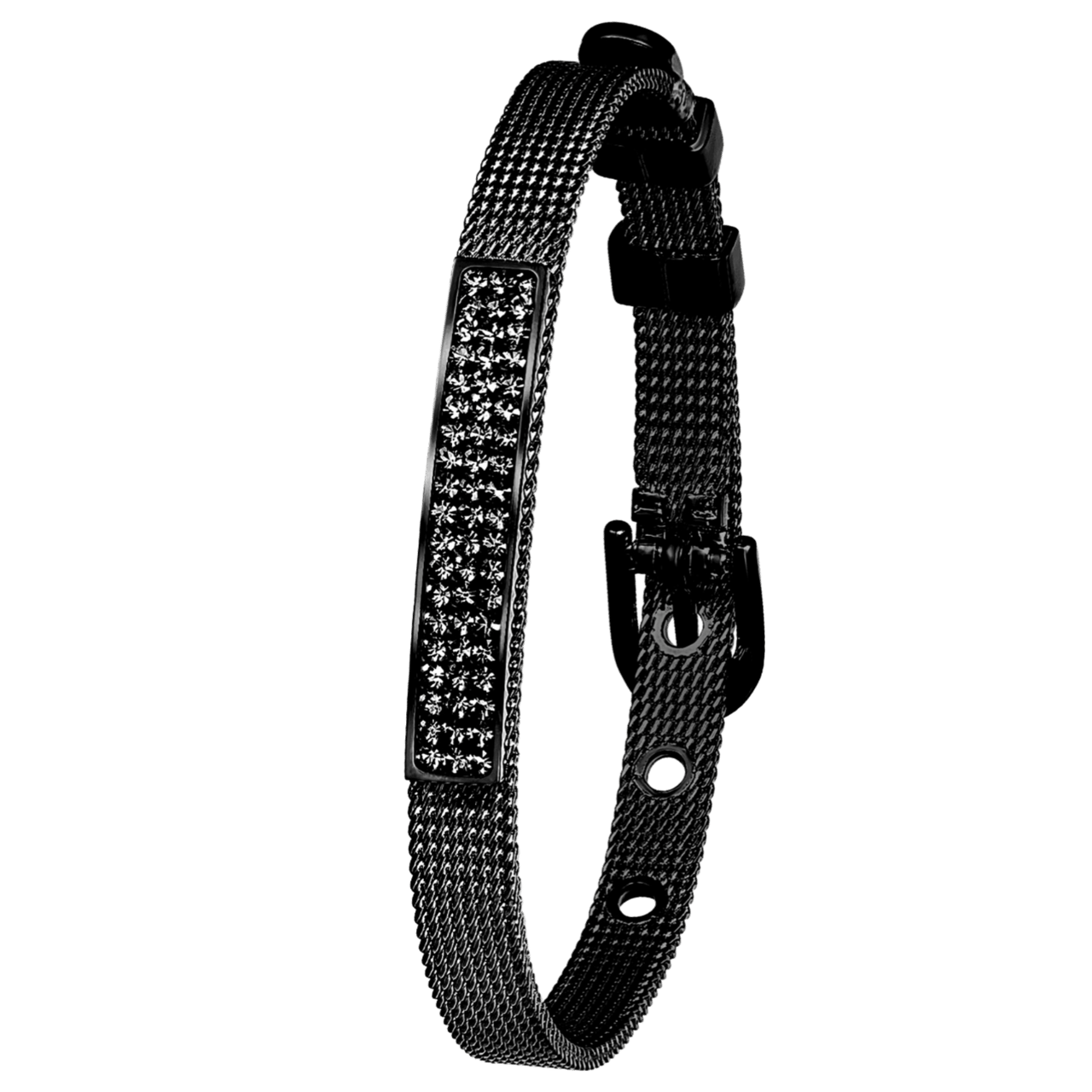 Gerecycled stainless steel armband blackplated mesh riem met kristal