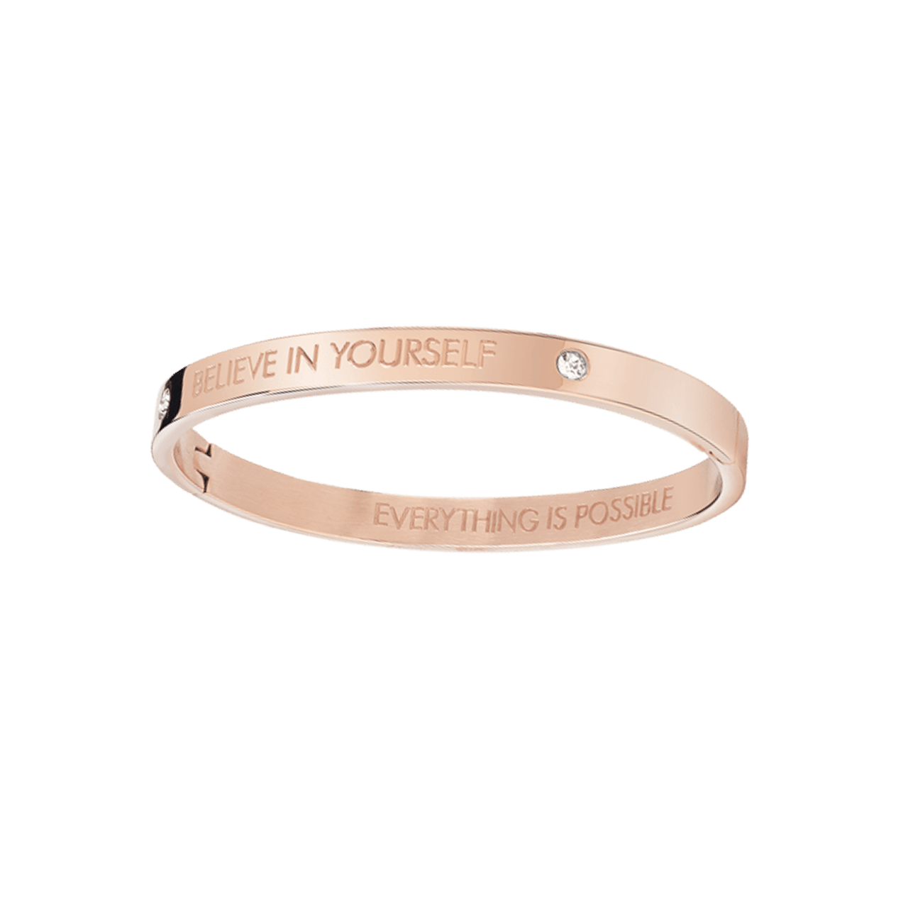 Rotvergoldeter Bangle-Armreif aus Edelstahl von Guess mit Text: Believe.