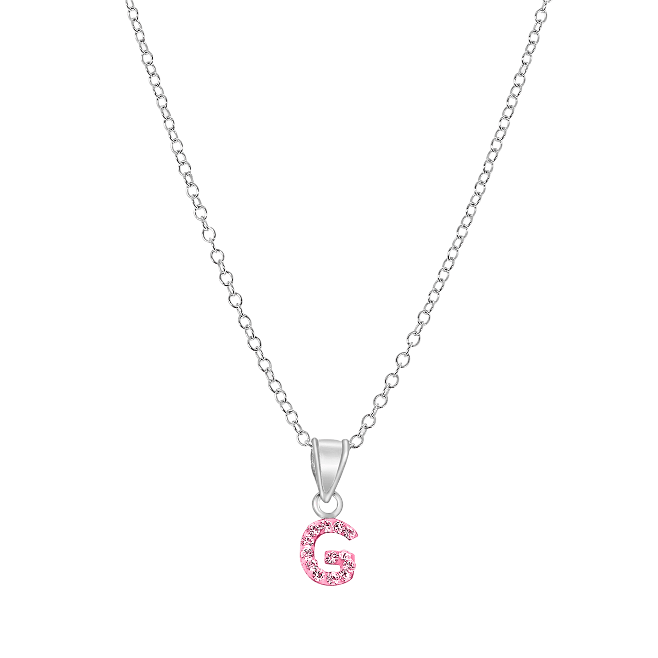 Zilveren kinderketting initialen met roze kristal