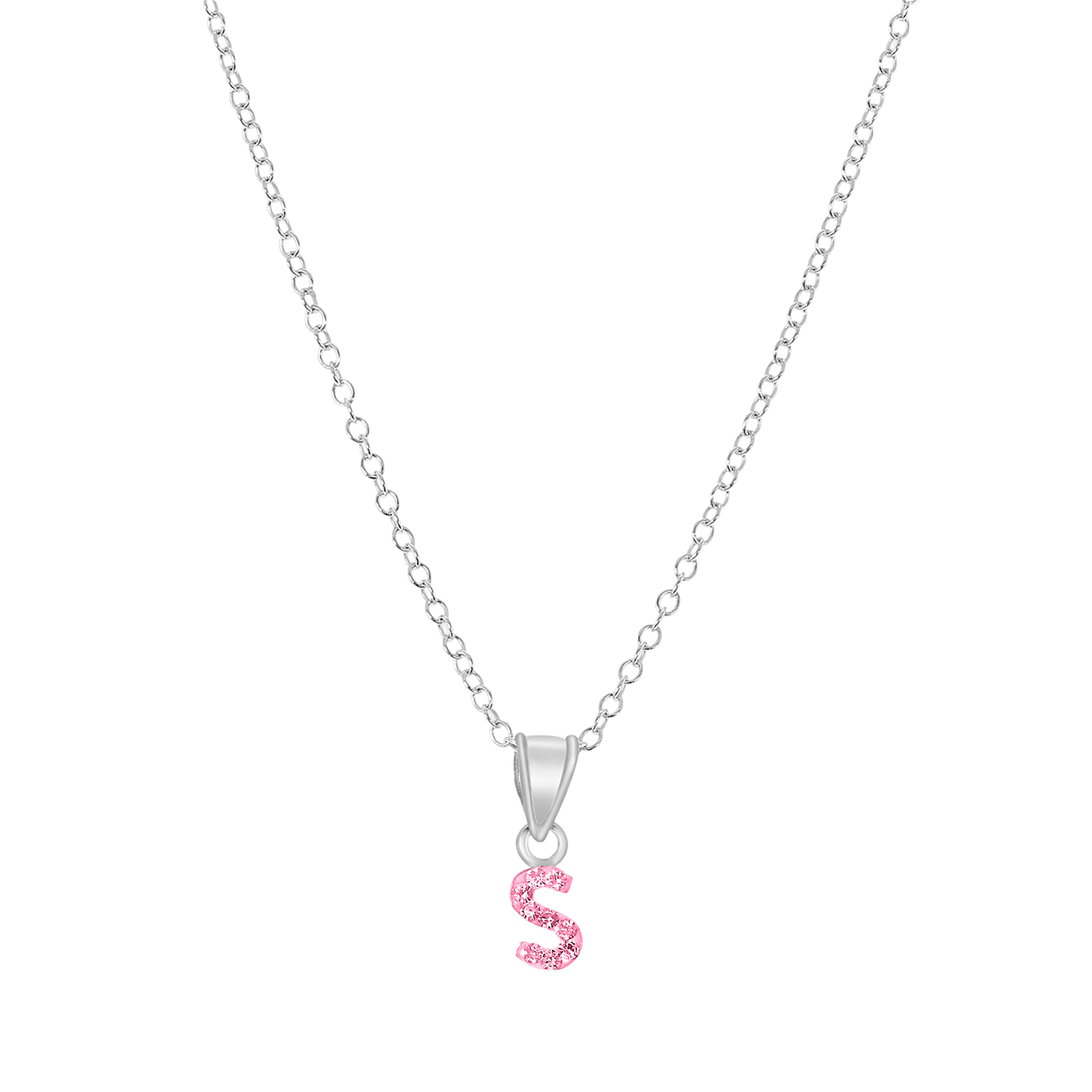 Zilveren kinderketting initialen met roze kristal