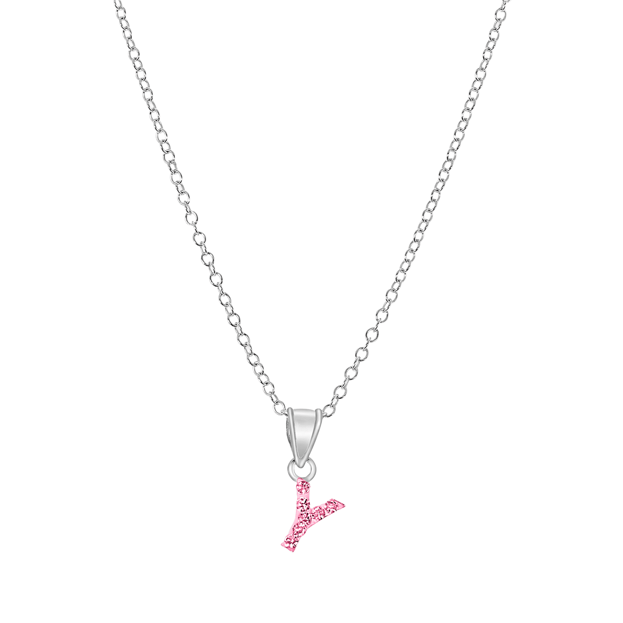 Zilveren kinderketting initialen met roze kristal