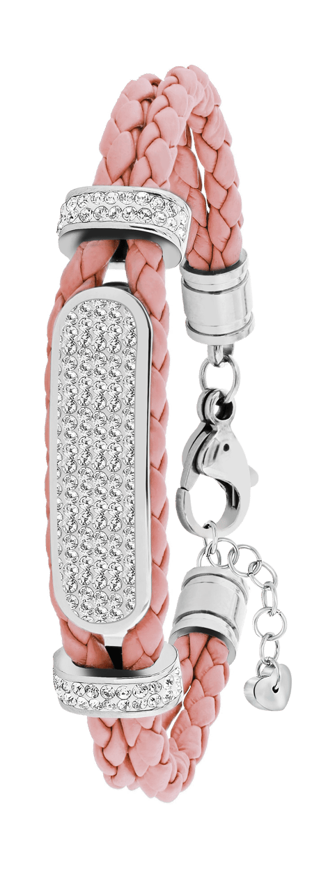 Gerecycleerd stainless steel plaatarmband leer licht roze met kristal