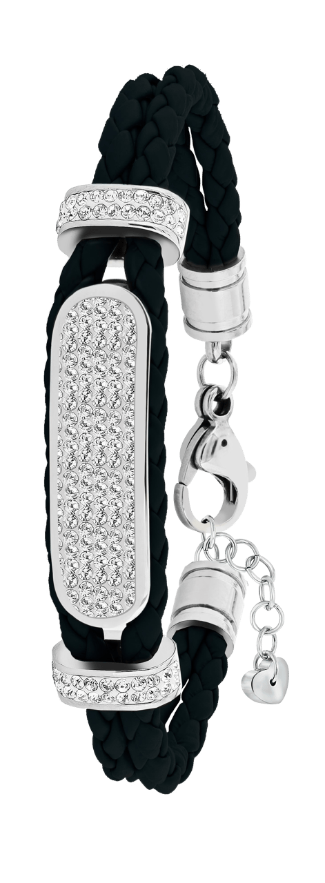 Gerecycled stainless steel plaatarmband leer zwart met kristal