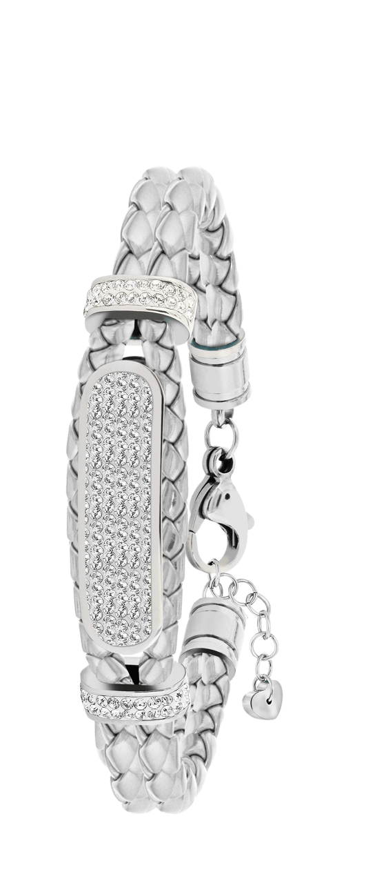 Gerecycled stalen kinderplaatarmband leer zilver met kristal