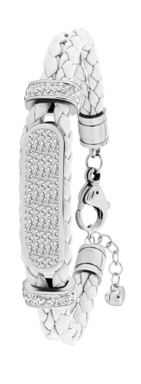 Gerecycleerd stainless steel plaatarmband leer wit met kristal