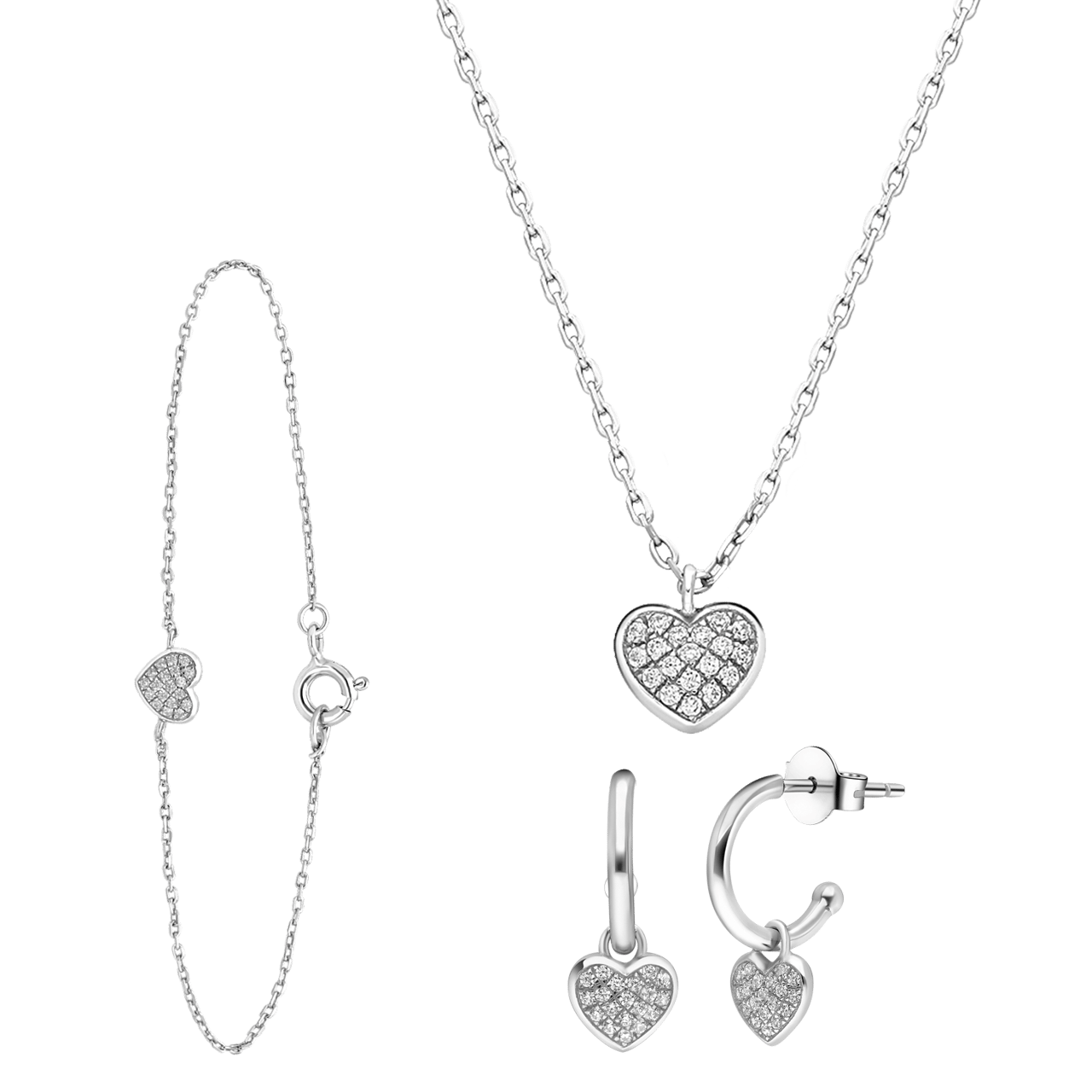 Schmuckset, 925 Silber, Herz mit Zirkonia