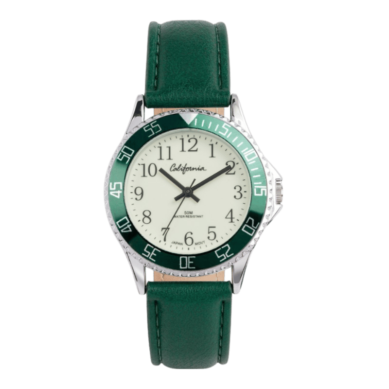 California Armbanduhr für Jungen mit grünem Lederband