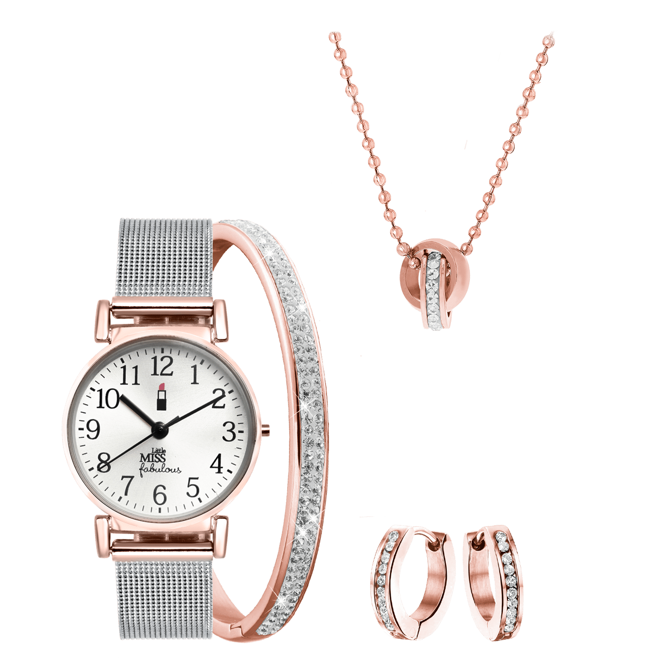 Stalen goldplated kinderset met horloge met kristal