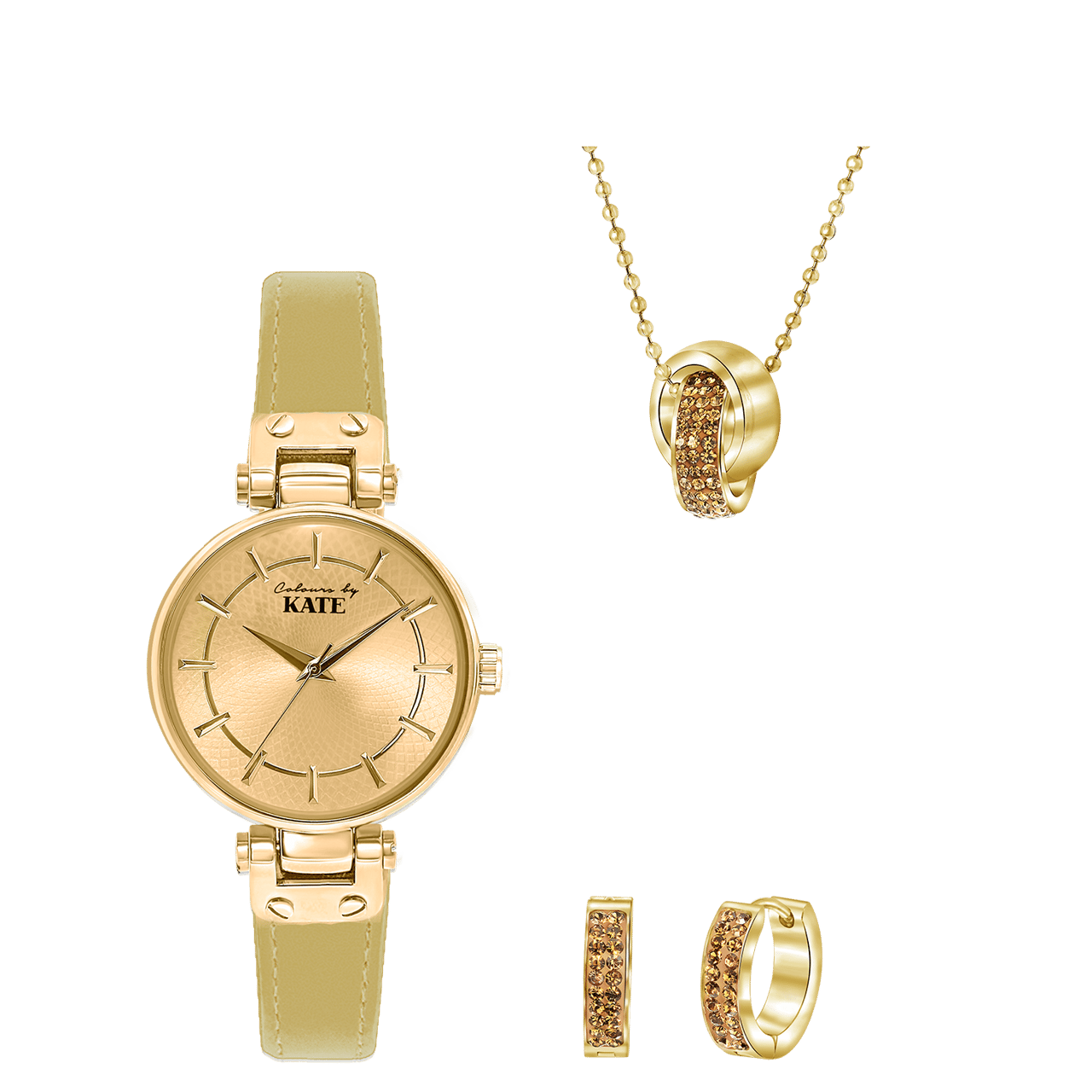 Stalen goldplated sets met horloge met rood kristal voor dames