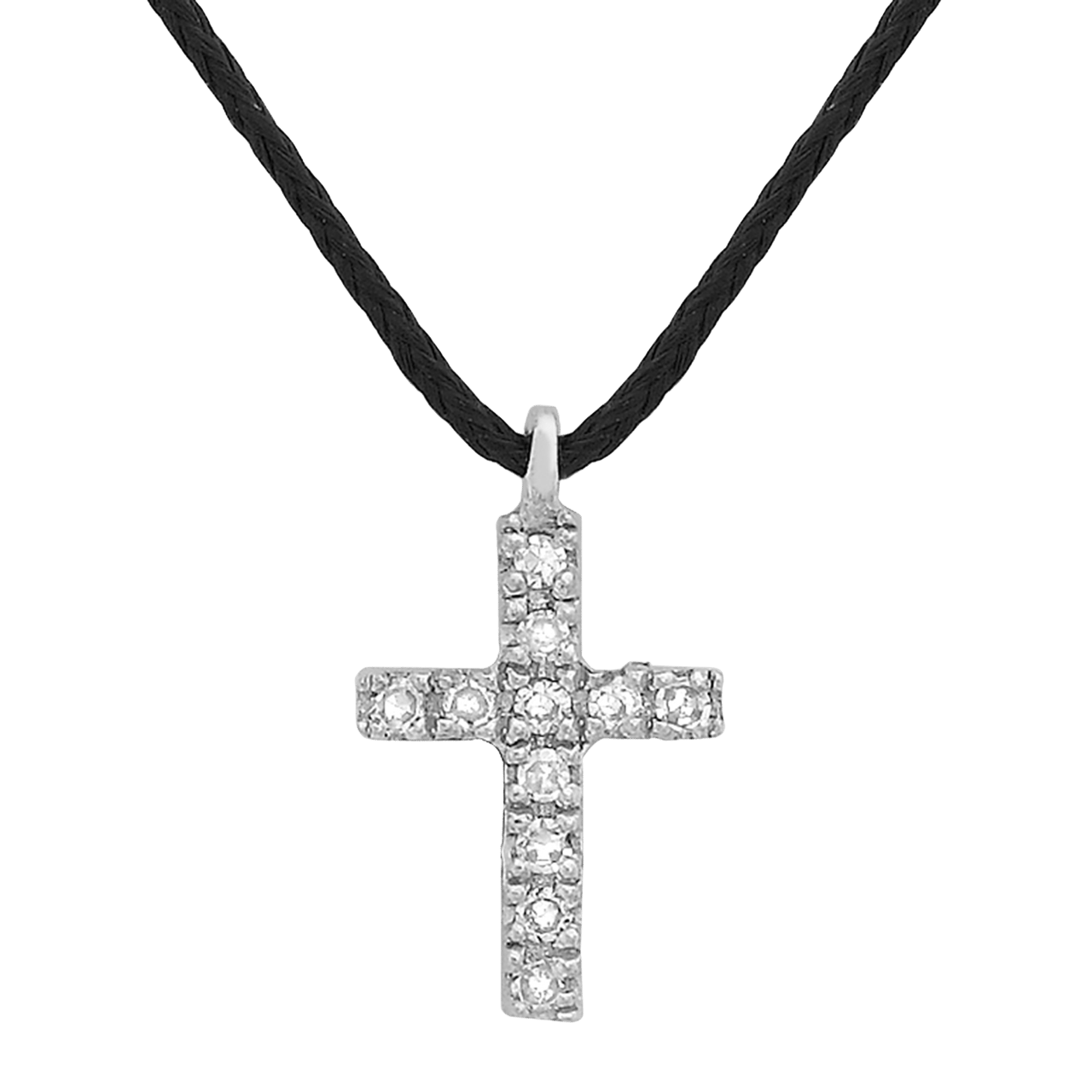 Schwarzes Kordelcollier, Kreuzanhänger, 375 Weißgold, Diamant