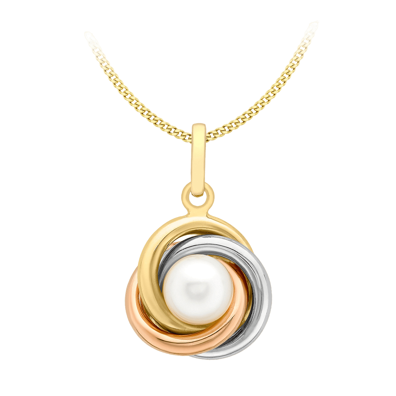 375 Gold dreifarbige Halskette mit Knotenanhänger mit Perle
