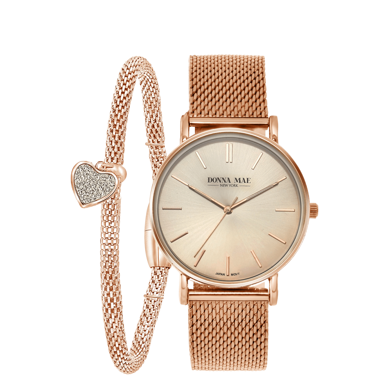 Stainless steel roséplated cadeauset met horloge met kristal voor dames