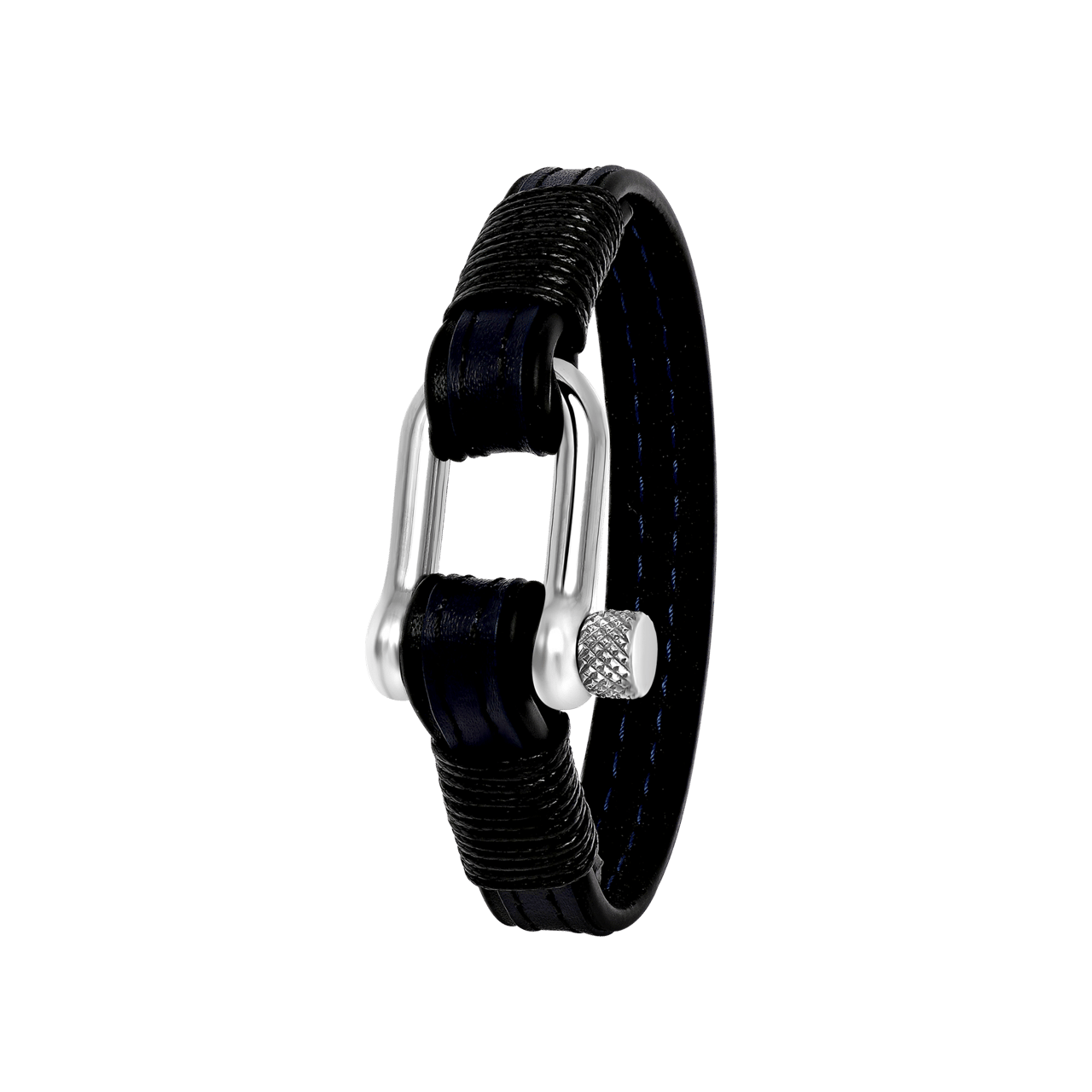 Gerecycleerd stalen armband zwart/blauw leer harpsluiting mat