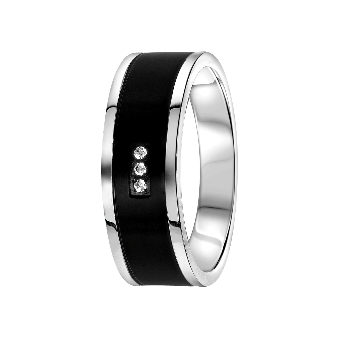 Gerecycled stainless steel ring mat/zwart met zirkonia