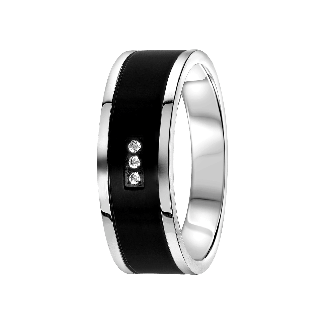 Gerecycleerd stalen ring mat/zwart met zirkonia