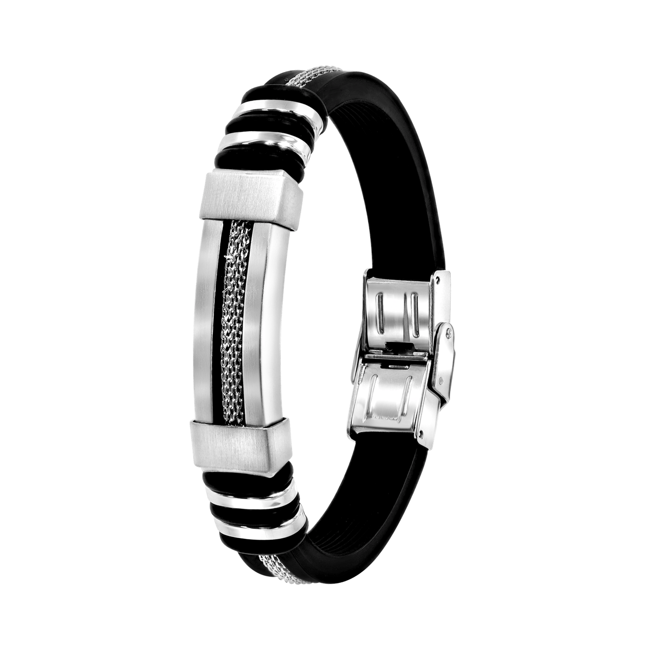 Edelstahlarmband für Jungen mit schwarzem Silikon.