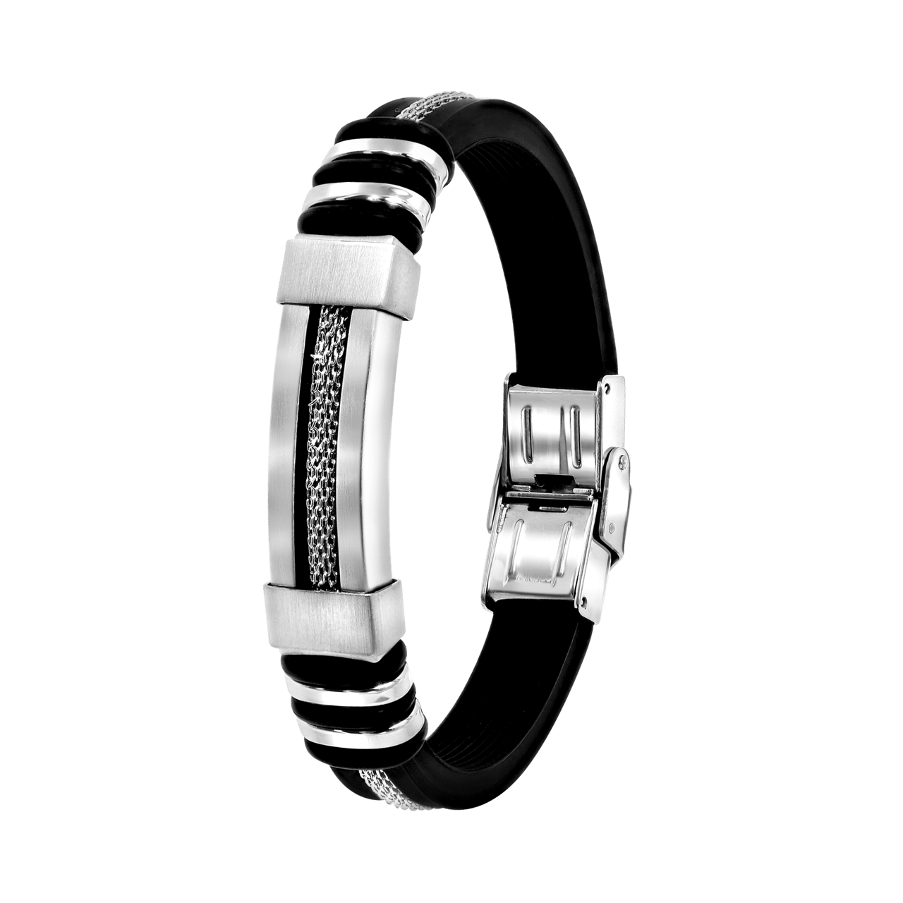 Gerecycleerd stainless steel jongensarmband met zwart silliconen